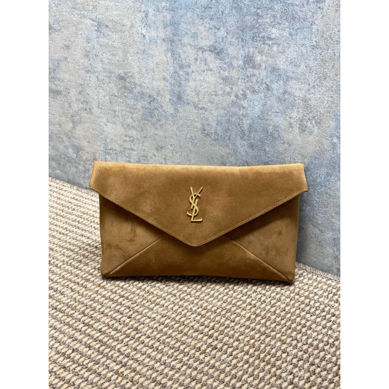 Saint Laurent Cassandre Large Envelope Pouch in Suede-Brown