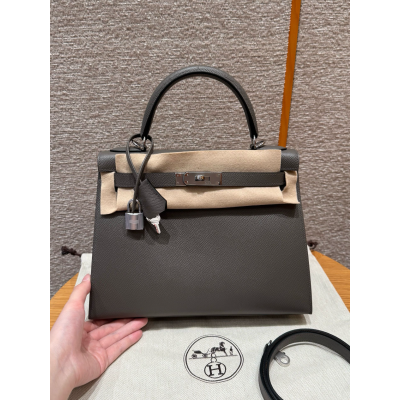 Hermes Kelly 25 / 28  in Epsom Leather-Etain