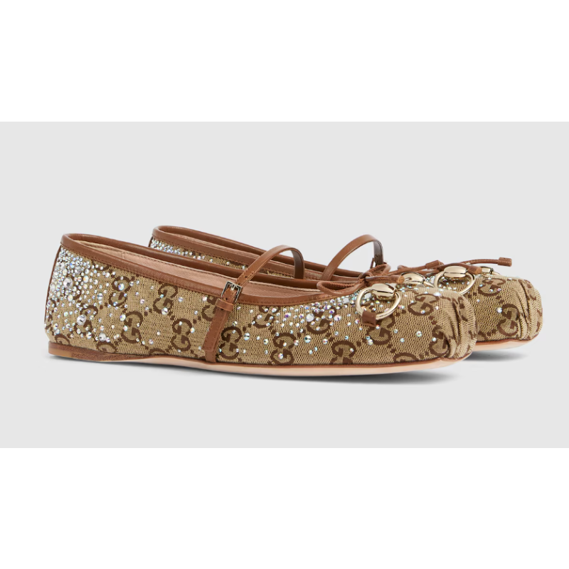 Gucci Horsebit Damenballerina mit GG Kristallen