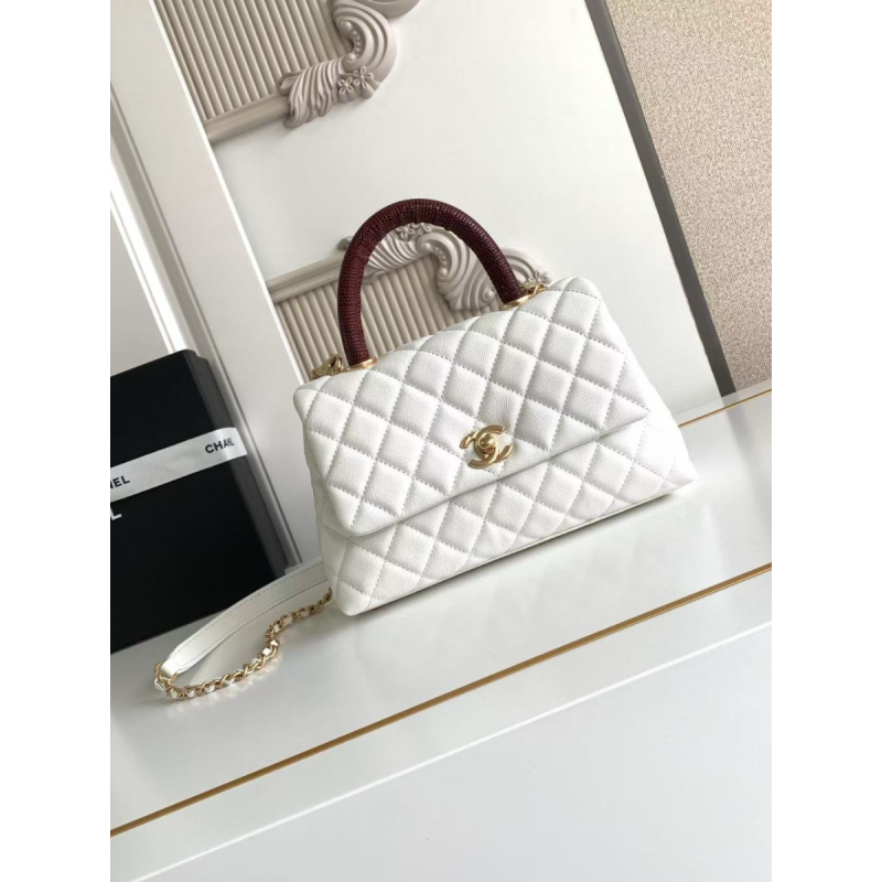 Chanel Small Coco Handle Bag-white with burgund lizard handle